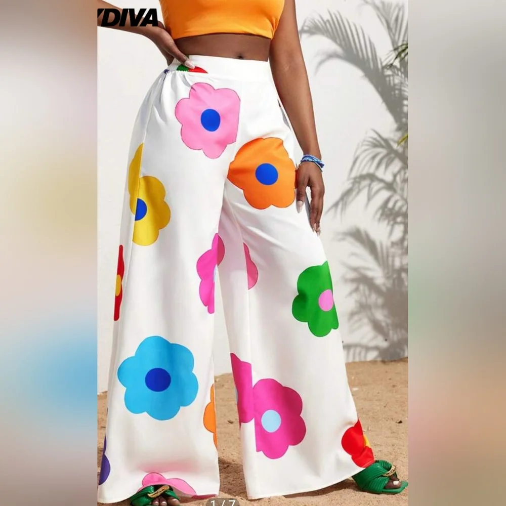 SHEIN White Wide Leg Pants with Bright Floral Print - Picture 3 of 6